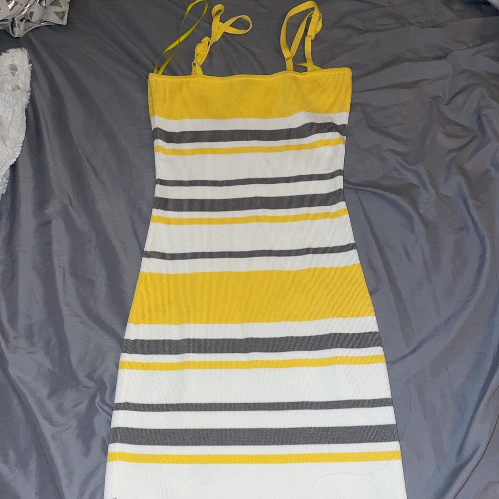 Yellow gray white striped fashion nova dress
